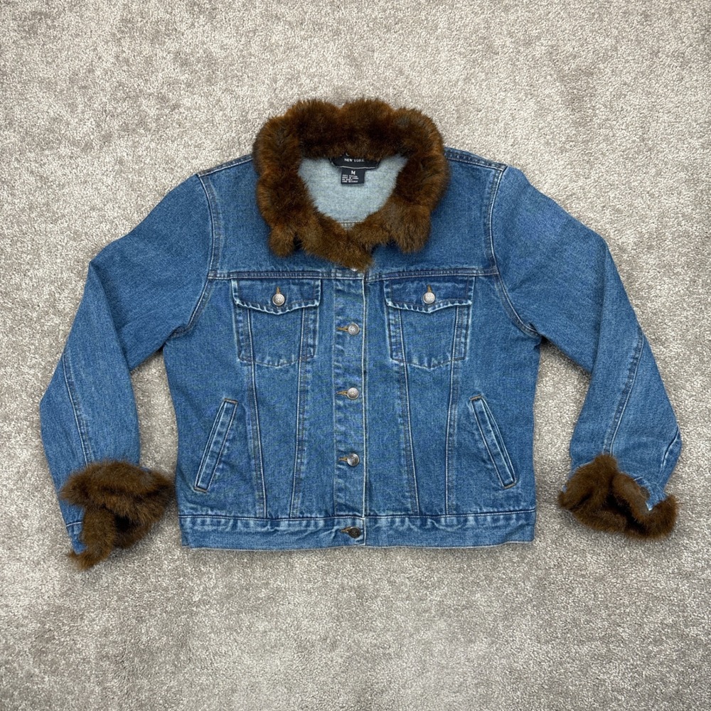 Vintage Fu Da Fuda New York Womens Denim Jean Jacket Faux Fur Trim Medium